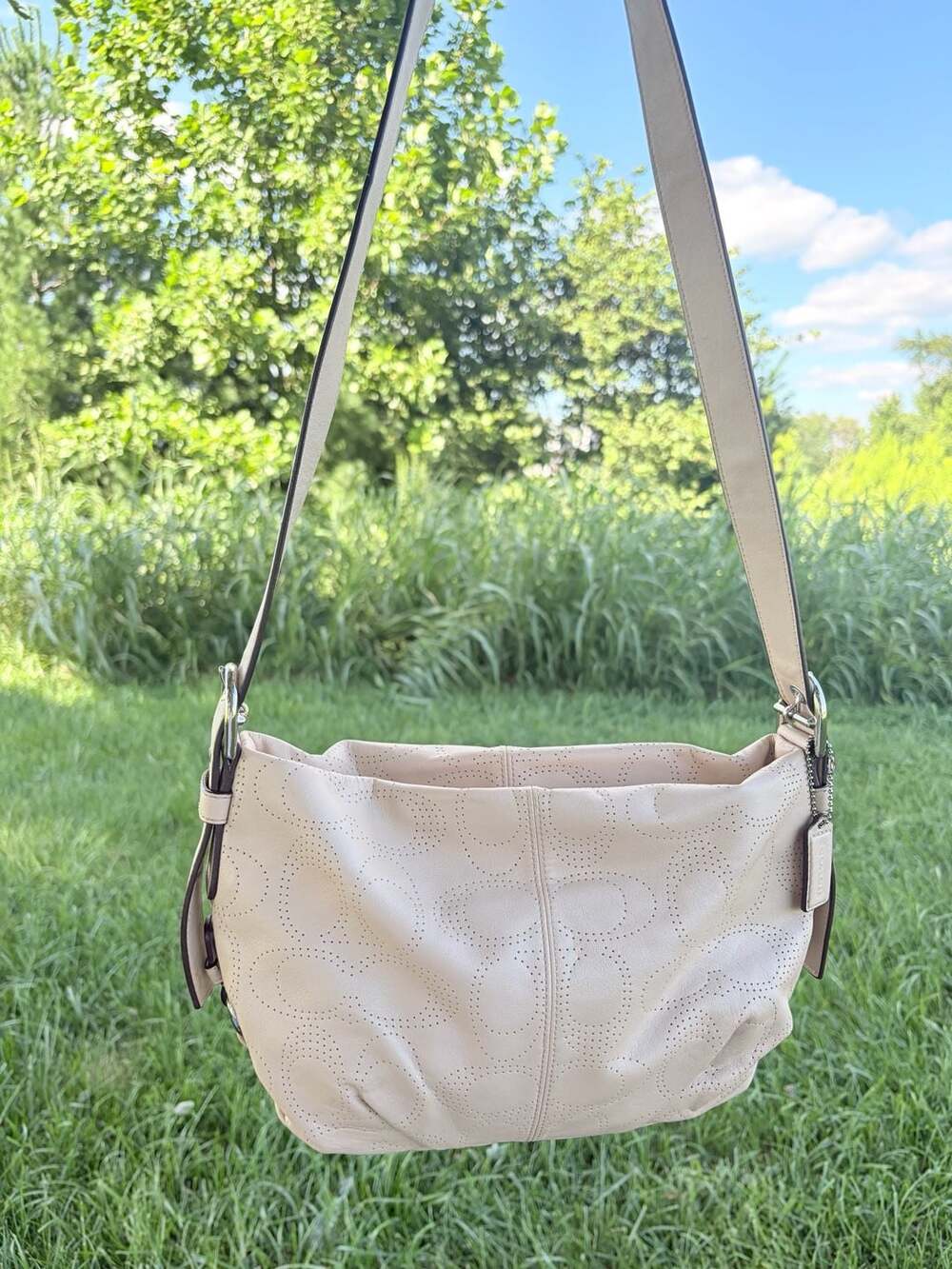Coach Perforated Signature Shoulder Bag Crossbody Duffle Purse Beige
